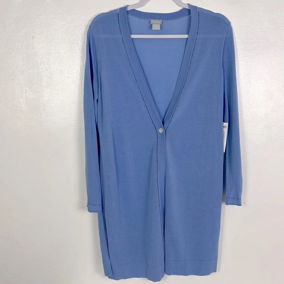 Chico’s New Women’s Small Blue Veil Summer Romance Button Long Slits Cardigan - Picture 1 of 6